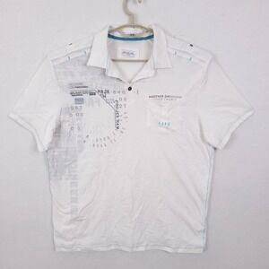 Projek Raw Polo Shirt Mens XL White Graphic Print Epaulets Urban Streetwear